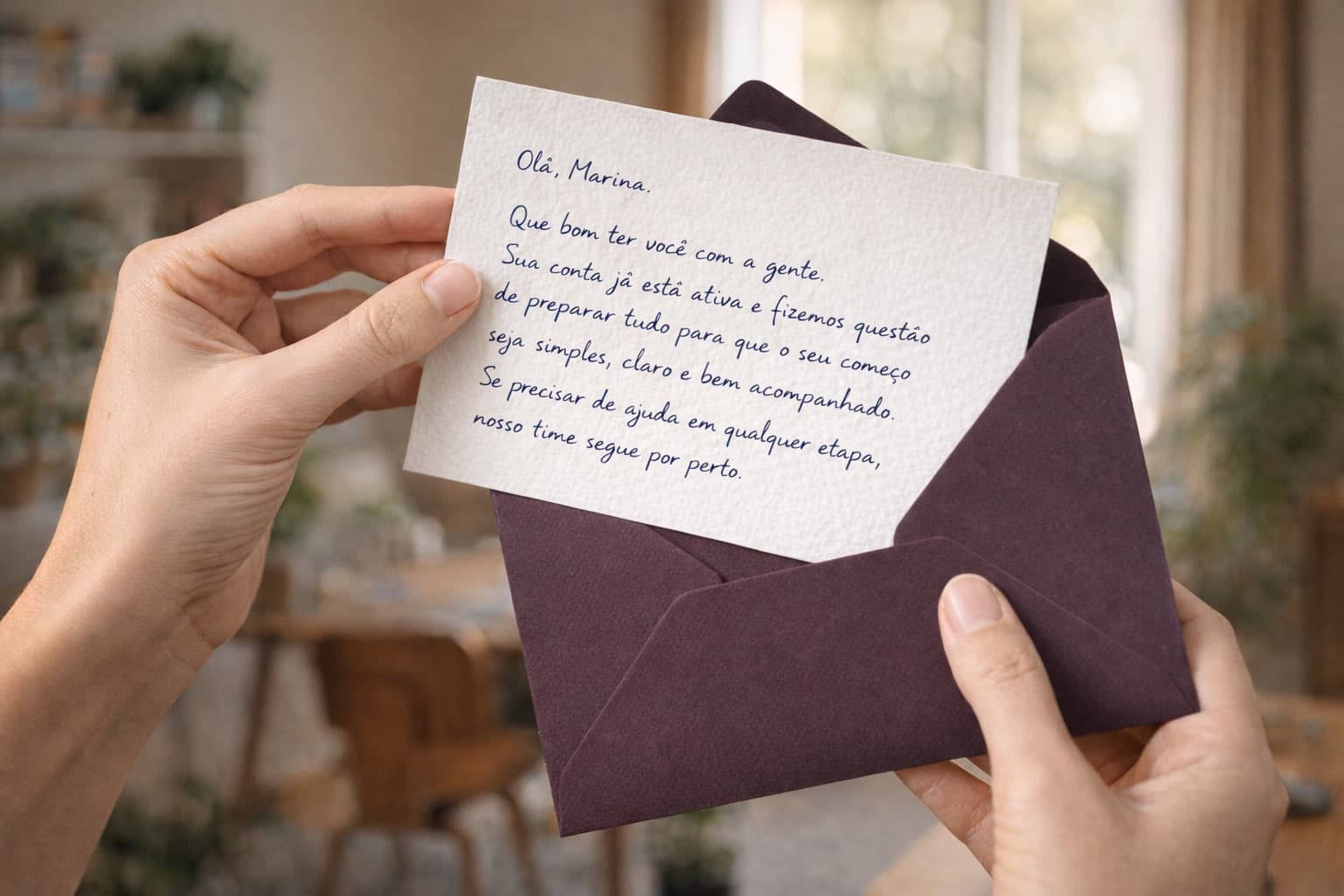 Mãos segurando uma carta manuscrita de boas-vindas saindo de um envelope ameixa em ambiente interno.